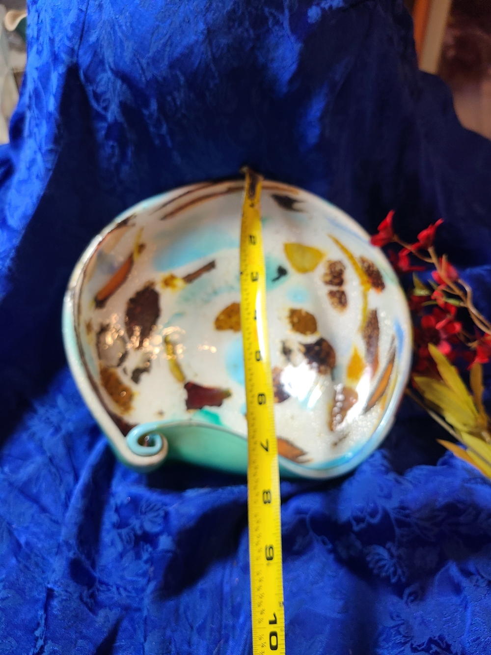 Antique Turquoise White Ceramic Decorative Bowl with Gold and Brown Accents - Picture 9 of 9